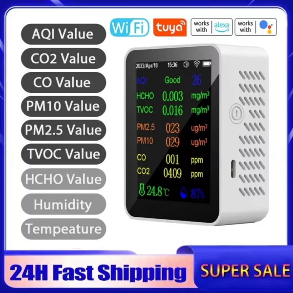 9 in 1 Tuya Air Quality Meter PM2.5 PM10 CO CO2 TVOC HCHO AQI Temperature And Humidity Tester CO2 Meter Carbon Dioxide Detector