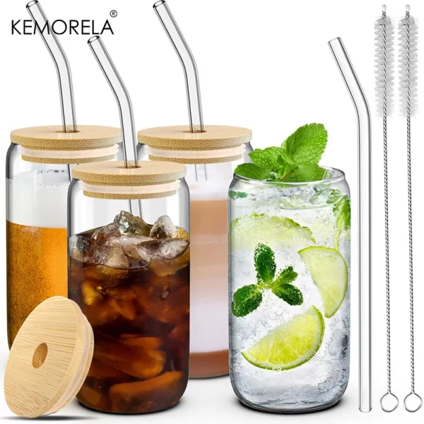 1/4Pcs 400ML Glass Cup With Wooden Lid And Straw Juice Drink Beer Mug Coffee Milk Transparent Water Cup Suitable For Parties