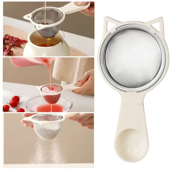 Cat Ear Shape Fine Mesh Strainer with Measuring Spoon Kitchen Sieve for Tea Coffee Juice Cooking Multi-Functional Filter