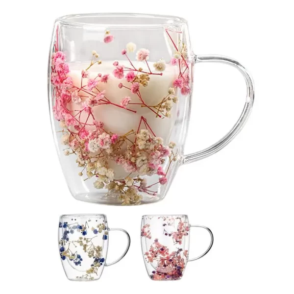 Fillings Dry Flowers Double Wall Glass Cup With Handle Heat Resistant Tea Coffee Cups Espresso Milk Mug Creative Gift 350ml