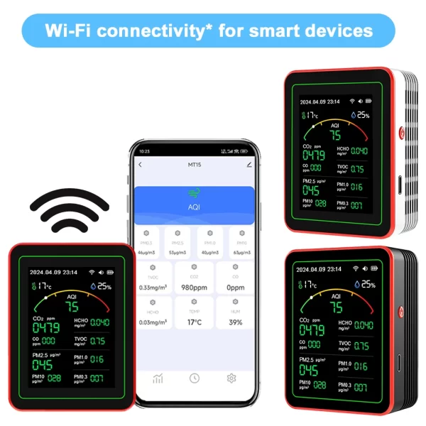 Tuya WiFi 15 in 1 Air Quality Detector TFT Display Portable AQI PM0.3 PM1.0 PM2.5 PM10 CO CO2 TVOC HCHC Tester APP Control