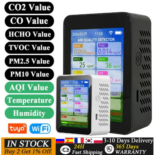 Tuya WiFi Air Quality Meter Household HCHO TVOC Carbon Monoxide CO2 PM2.5 PM10 Tester Portable Temperature Humidity Detector