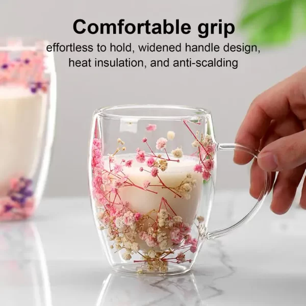 Fillings Dry Flowers Double Wall Glass Cup With Handle Heat Resistant Tea Coffee Cups Espresso Milk Mug Creative Gift 350ml