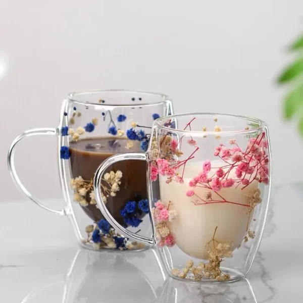 Fillings Dry Flowers Double Wall Glass Cup With Handle Heat Resistant Tea Coffee Cups Espresso Milk Mug Creative Gift 350ml