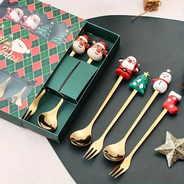 (2/4/6pc) Christmas Spoon and Fork Set Stainless Steel Creative Tableware Coffee Tea Dessert Spoon and Fork Exquisite Gift Set