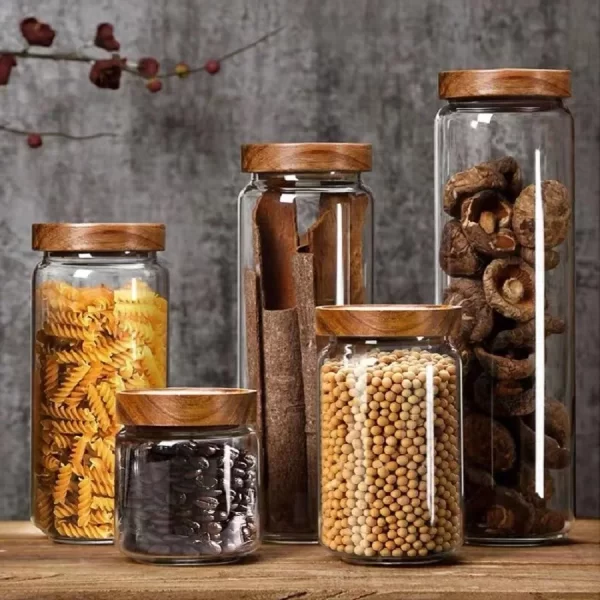 1 PC Small Glass Storage Jars with Airtight Lids, coffee container with Wooden Lid, Glass Pantry Canister for Beans, Rice,Sugar