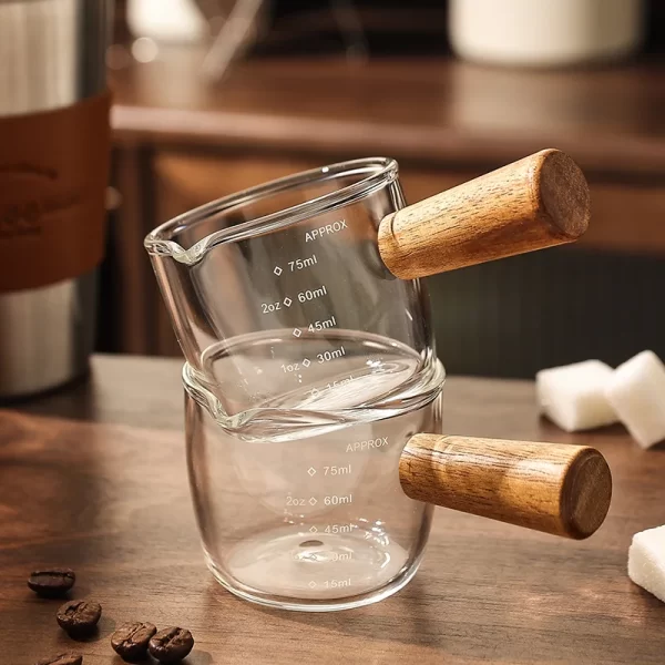 Glass Small Milk Cup Fine Espresso Small Glass Measuring Cup Single Double Spout Coffee Milk Sauce Dispenser With Wooden Handle