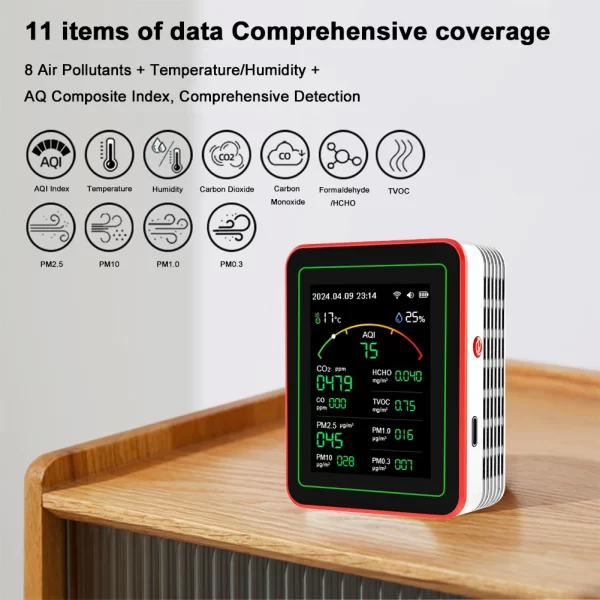 Tuya WiFi 15 in 1 Air Quality Detector TFT Display Portable AQI PM0.3 PM1.0 PM2.5 PM10 CO CO2 TVOC HCHC Tester APP Control