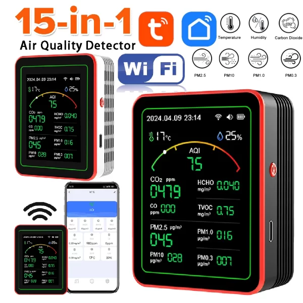 Tuya WiFi 15 in 1 Air Quality Detector TFT Display Portable AQI PM0.3 PM1.0 PM2.5 PM10 CO CO2 TVOC HCHC Tester APP Control