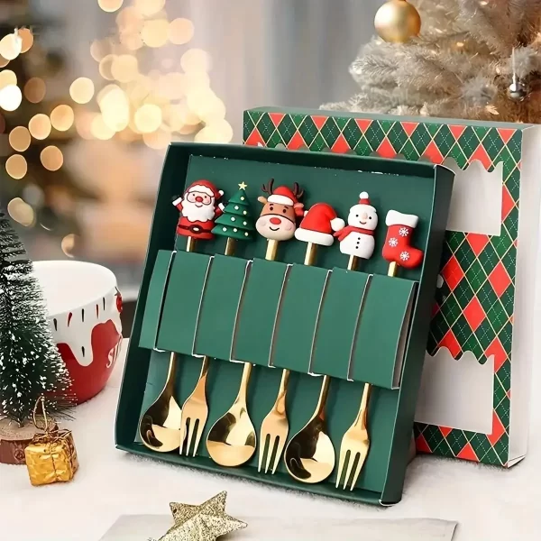 (2/4/6pc) Christmas Spoon and Fork Set Stainless Steel Creative Tableware Coffee Tea Dessert Spoon and Fork Exquisite Gift Set