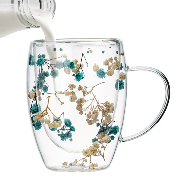 Fillings Dry Flowers Double Wall Glass Cup With Handle Heat Resistant Tea Coffee Cups Espresso Milk Mug Creative Gift 350ml